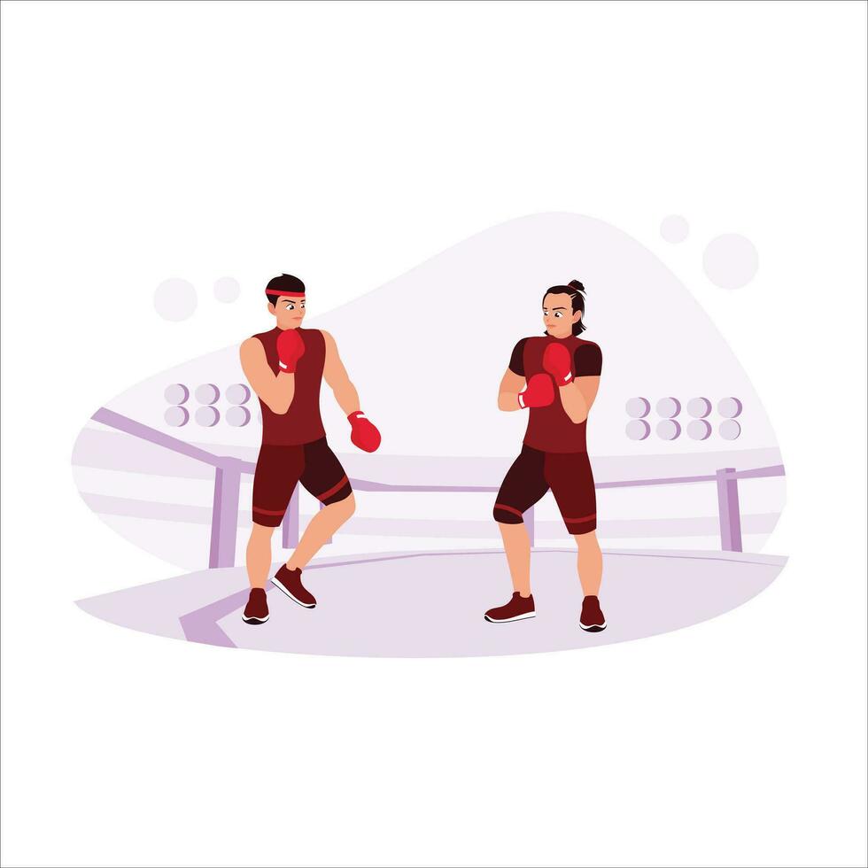 Two professional boxers, boxing duel in the ring, with power and attack. Trend modern vector flat illustration.