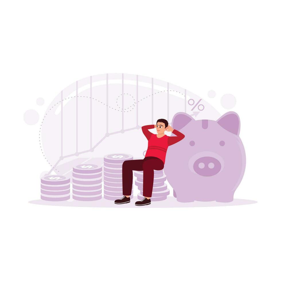 Businessmen sitting relaxed on a pile of coins, thinking about profit and income from investments made. Trend Modern vector flat illustration.