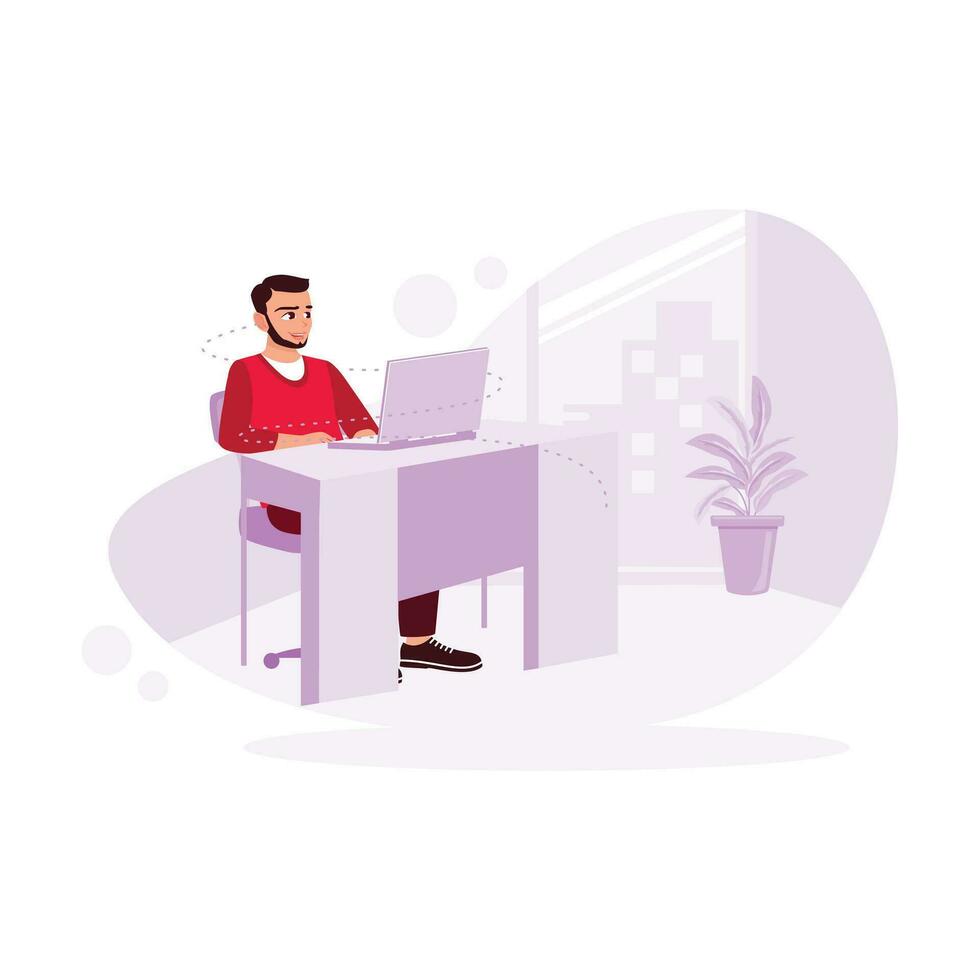 Young male businessman, sitting in an office, seriously checking work on a laptop. Trend Modern vector flat illustration.