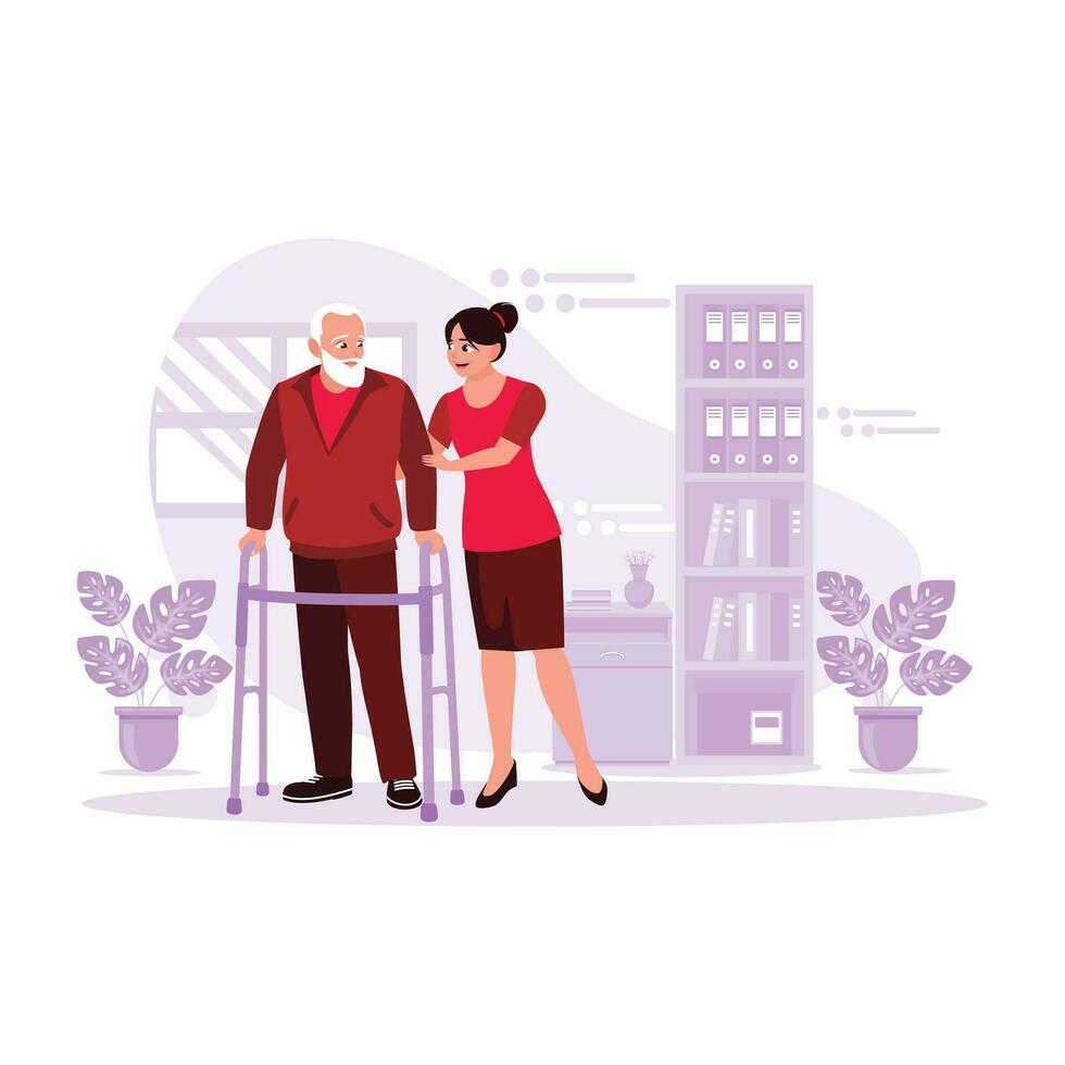 Portrait of a female nurse taking care of elderly patients and helping to walk using walker crutches. Trend Modern vector flat illustration.