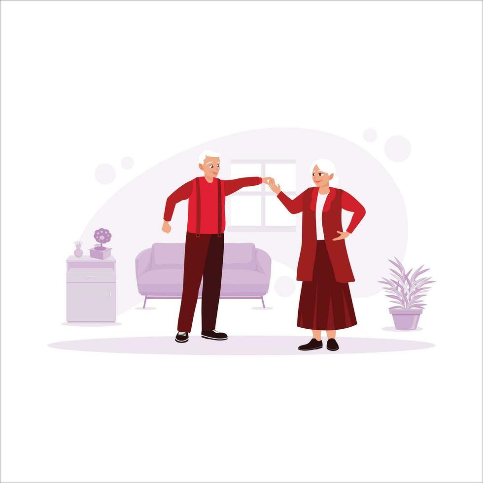 The lovely elderly couple, dancing and having fun in a room filled with chairs, tables, and flowers. Trend Modern vector flat illustration.