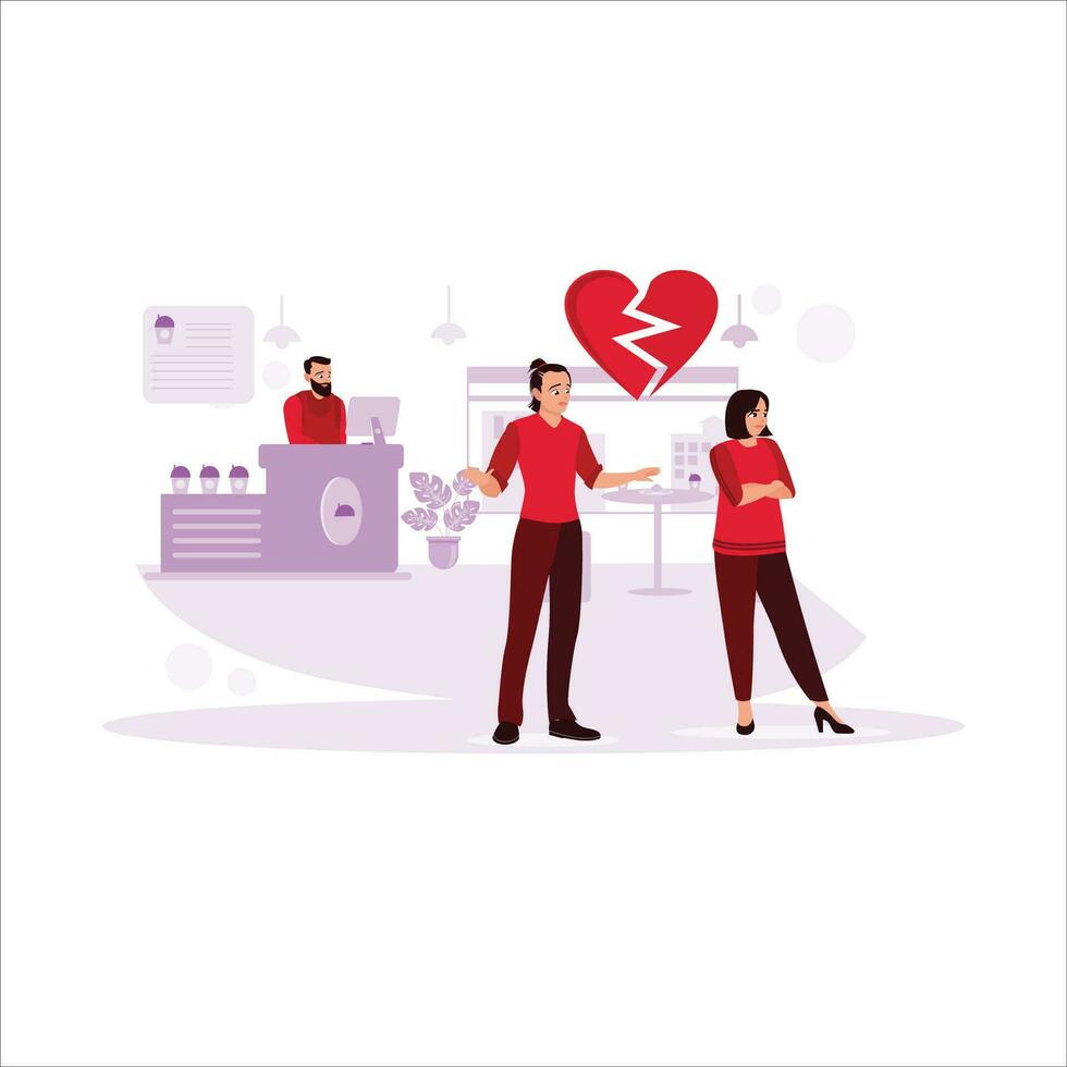 Angry young couple in the coffee shop area, a man trying to persuade his partner, a broken heart sign, and a woman unwilling to listen. Trend Modern vector flat illustration.