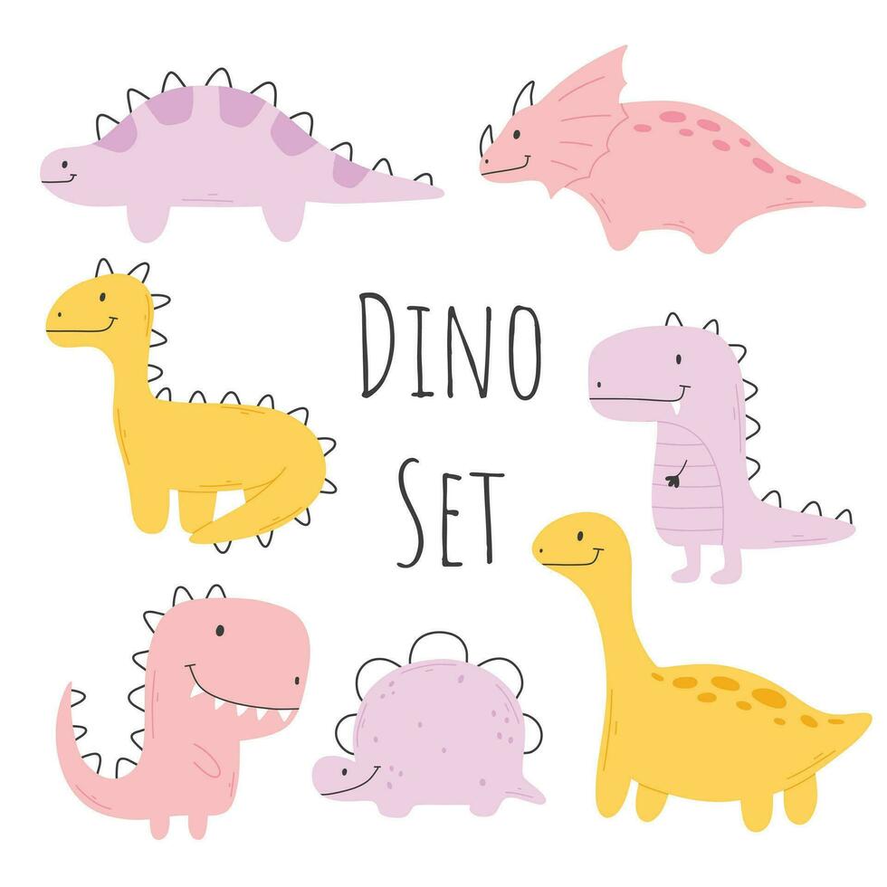 Set of cute dinosaurs in scandinavian style. Collection of baby tsio isolated on white background. Vector illustration.