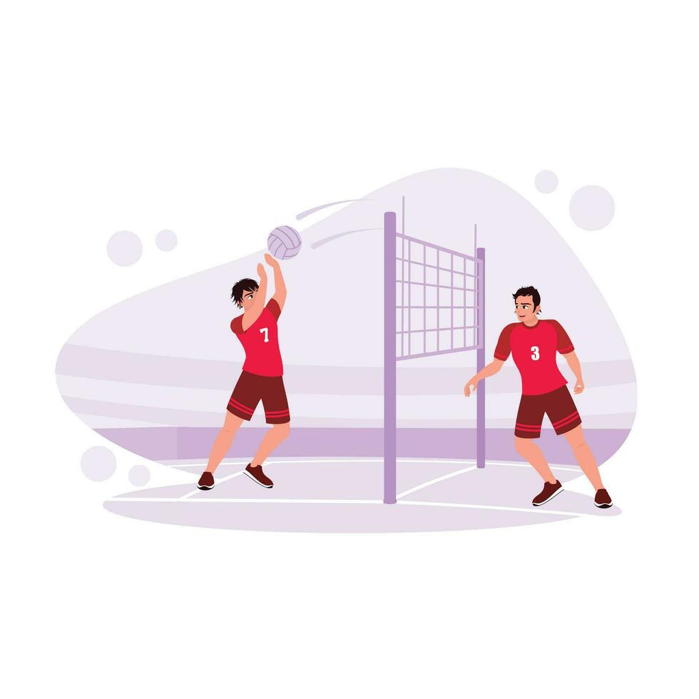 profesional vóleibol jugadores jugar en serio, lanzar el pelota, ataque y Puntuación puntos. tendencia moderno vector plano ilustración.