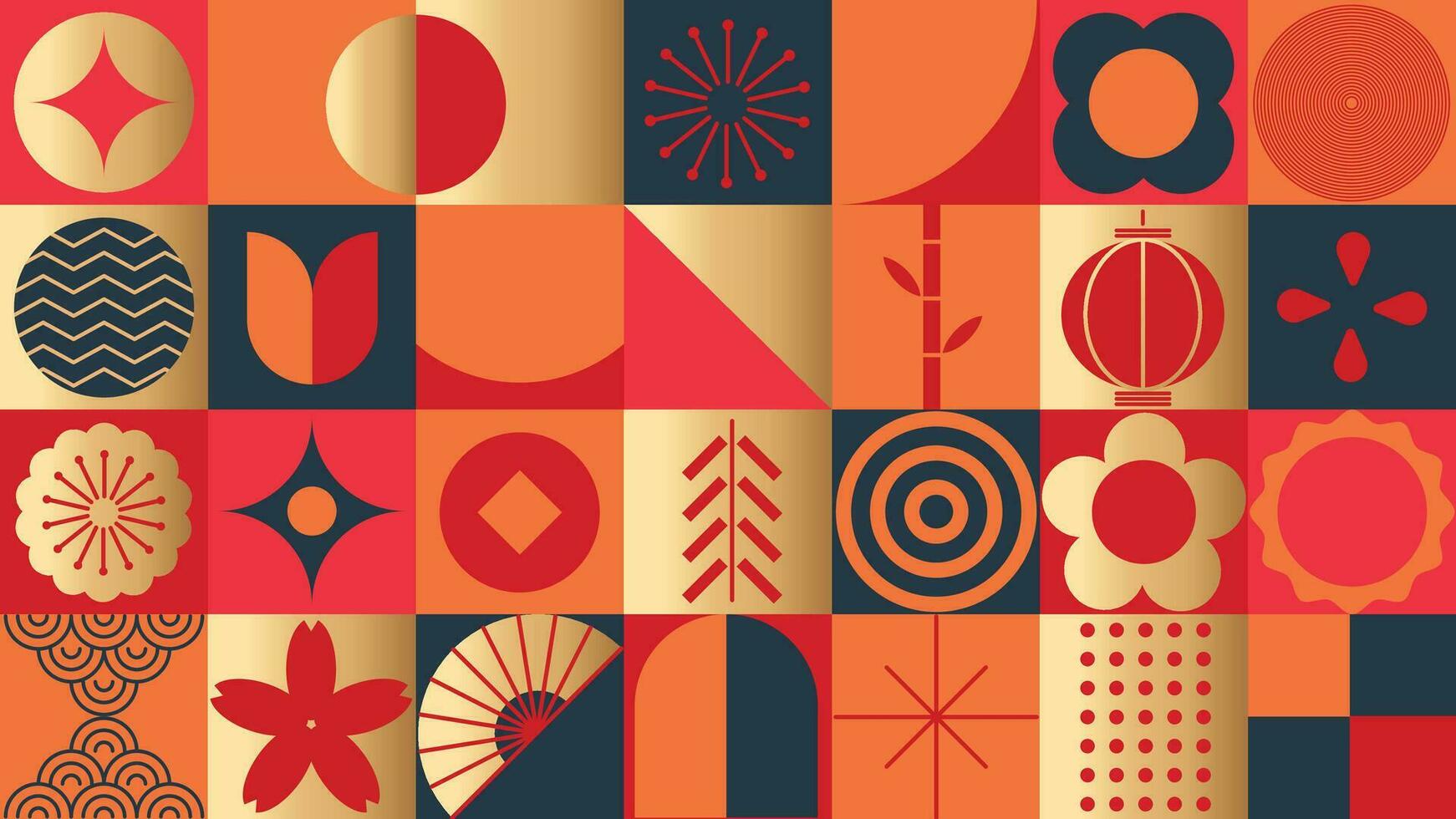 Happy Chinese New Year luxury style pattern background vector. Golden coins, oriental lantern, firework in red geometric shapes wallpaper. Oriental design for backdrop, card, poster, advertising. vector