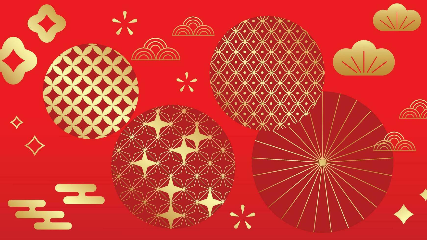 Happy Chinese New Year luxury style background vector. Golden geometric shapes, circle, Chinese and Japanese pattern on red wallpaper. Oriental design for backdrop, card, poster, advertising. vector