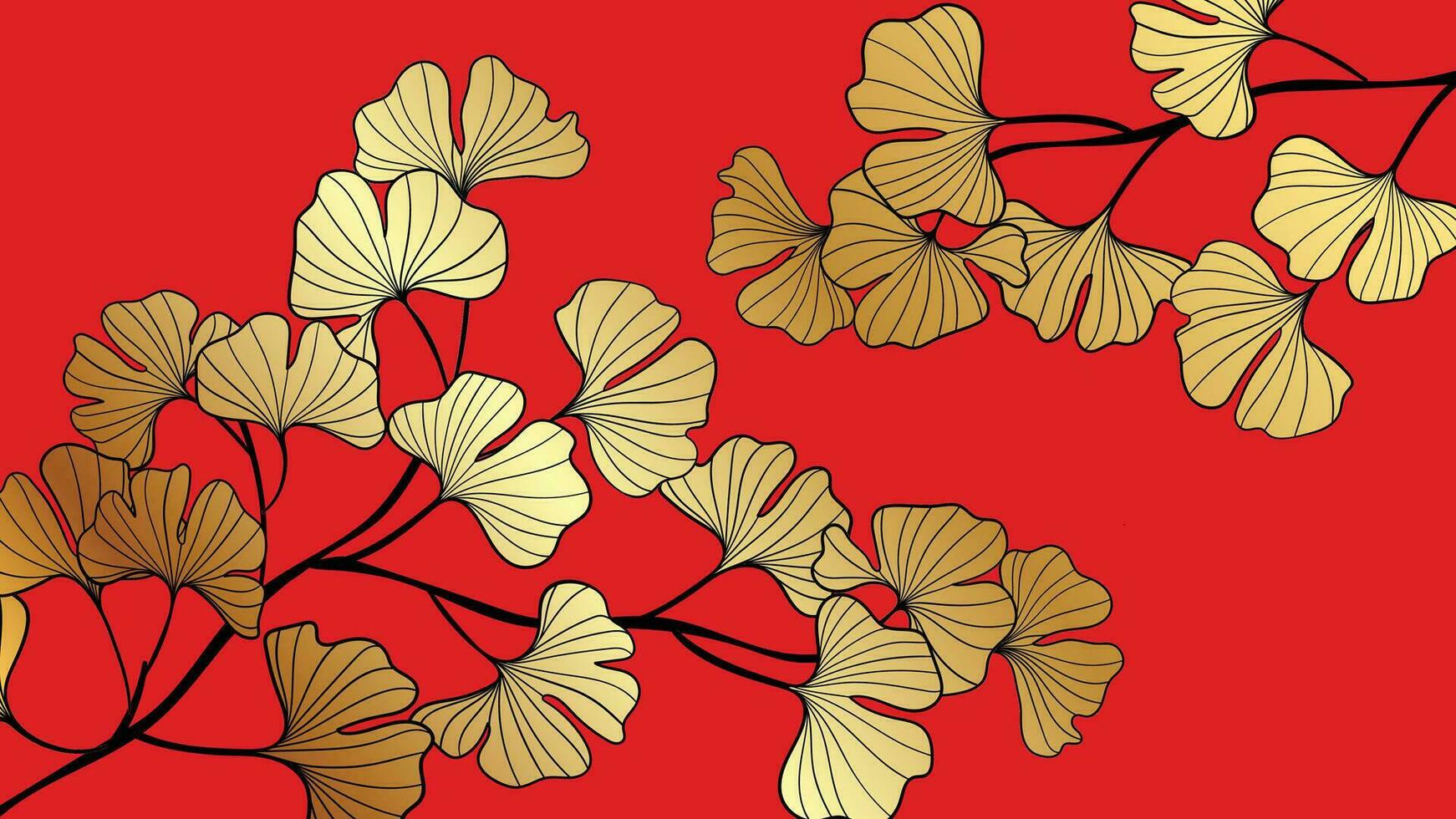Happy Chinese new year luxury style pattern background vector. Oriental elegant gold ginkgo leaves branch on red background. Design illustration for wallpaper, card, poster, packaging, advertising. vector