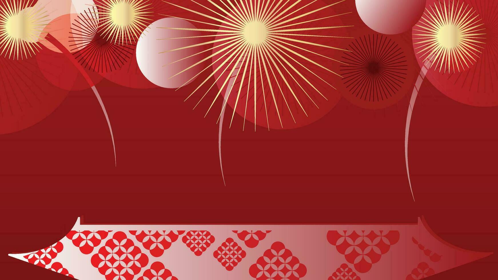 Happy Chinese New Year luxury style background vector. Golden geometric shapes, firework, Chinese and Japanese pattern on red wallpaper. Oriental design for backdrop, card, poster, advertising. vector