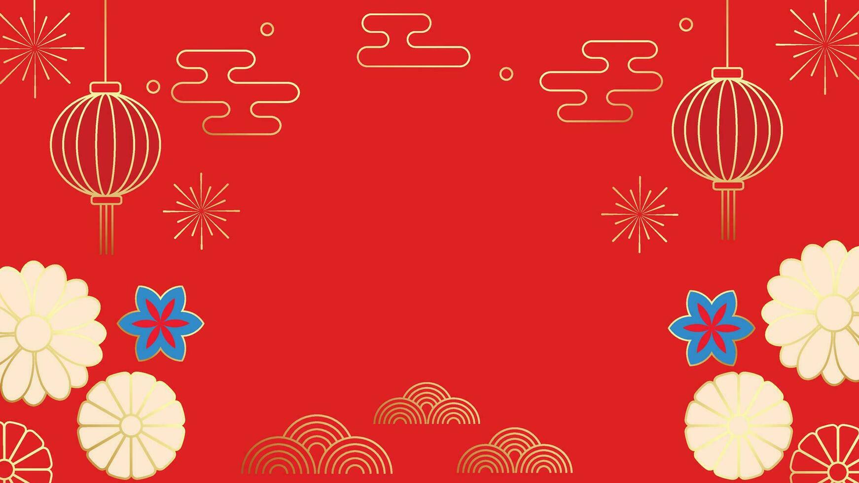 Happy Chinese New Year luxury style background vector. Golden geometric shapes, firework, lantern, cloud, flower on red wallpaper. Minimal oriental design for backdrop, card, poster, advertising. vector