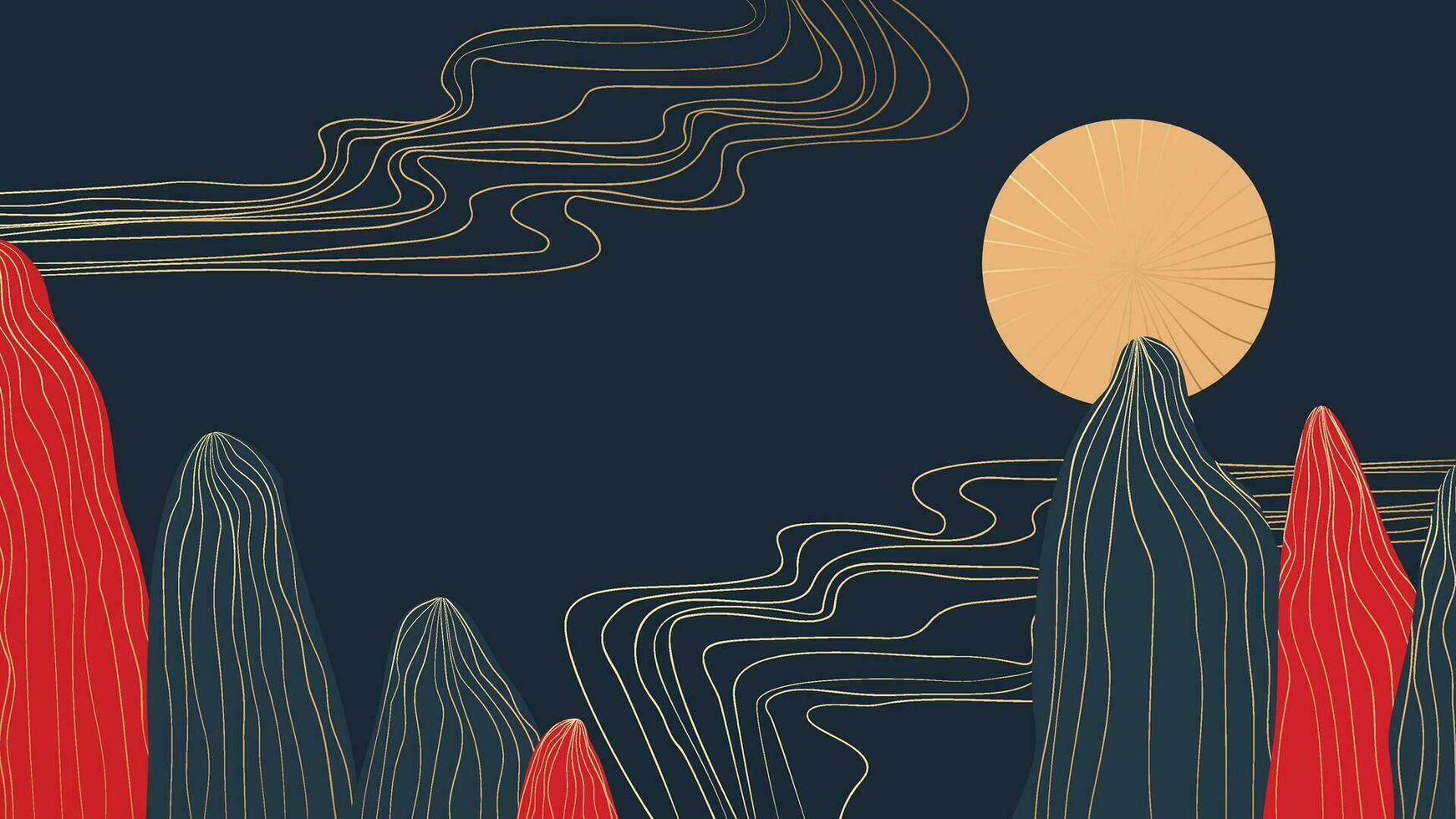 Happy Chinese new year landscape background vector. Oriental elegant golden line art mountains, hills ,sun, moon. Luxury asian design illustration for wallpaper, card, poster, packaging, advertising. vector