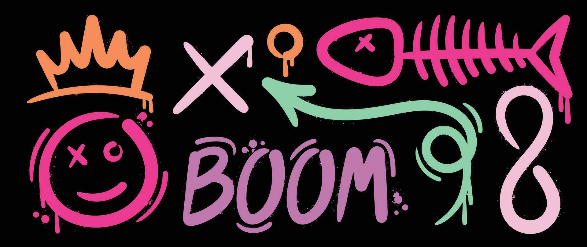 Set of graffiti spray paint vector. Brush paint ink drip collection of text, word, crown, doodle arrow, emoji, fishbone. Neon spray design illustration for decoration, card, sticker, street art. vector