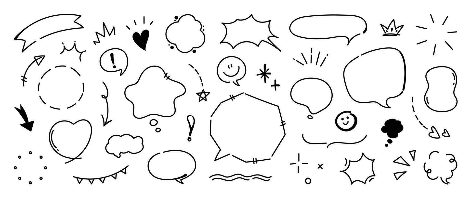 Set of cute pen line doodle element vector. Hand drawn doodle style collection of heart, arrows, scribble, speech bubble, star. Design for print, cartoon, card, decoration, sticker. vector
