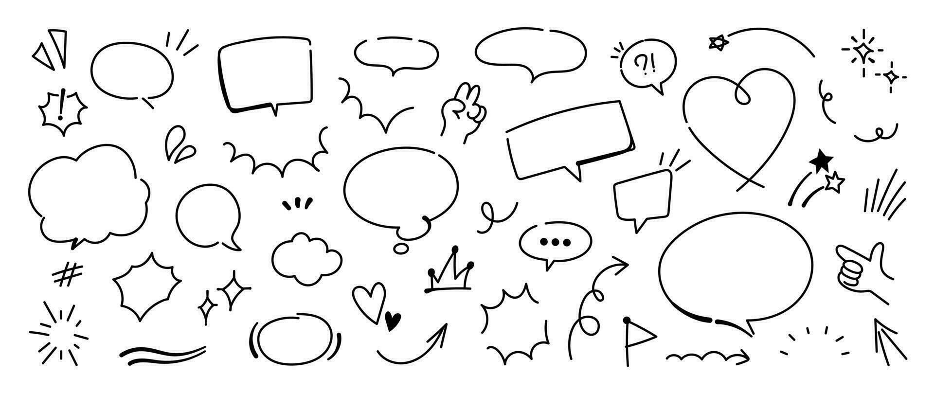 Set of cute pen line doodle element vector. Hand drawn doodle style collection of heart, arrows, scribble, speech bubble, star. Design for print, cartoon, card, decoration, sticker. vector