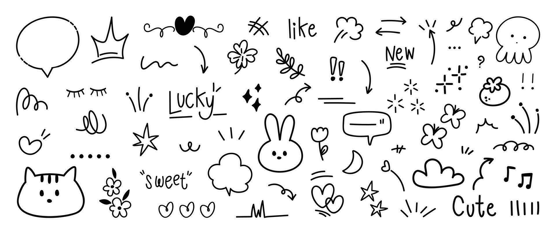 Set of cute pen line doodle element vector. Hand drawn doodle style collection of heart, arrows, scribble, flower, rabbit, star, butterfly, words. Design for print, cartoon, card, decoration, sticker. vector