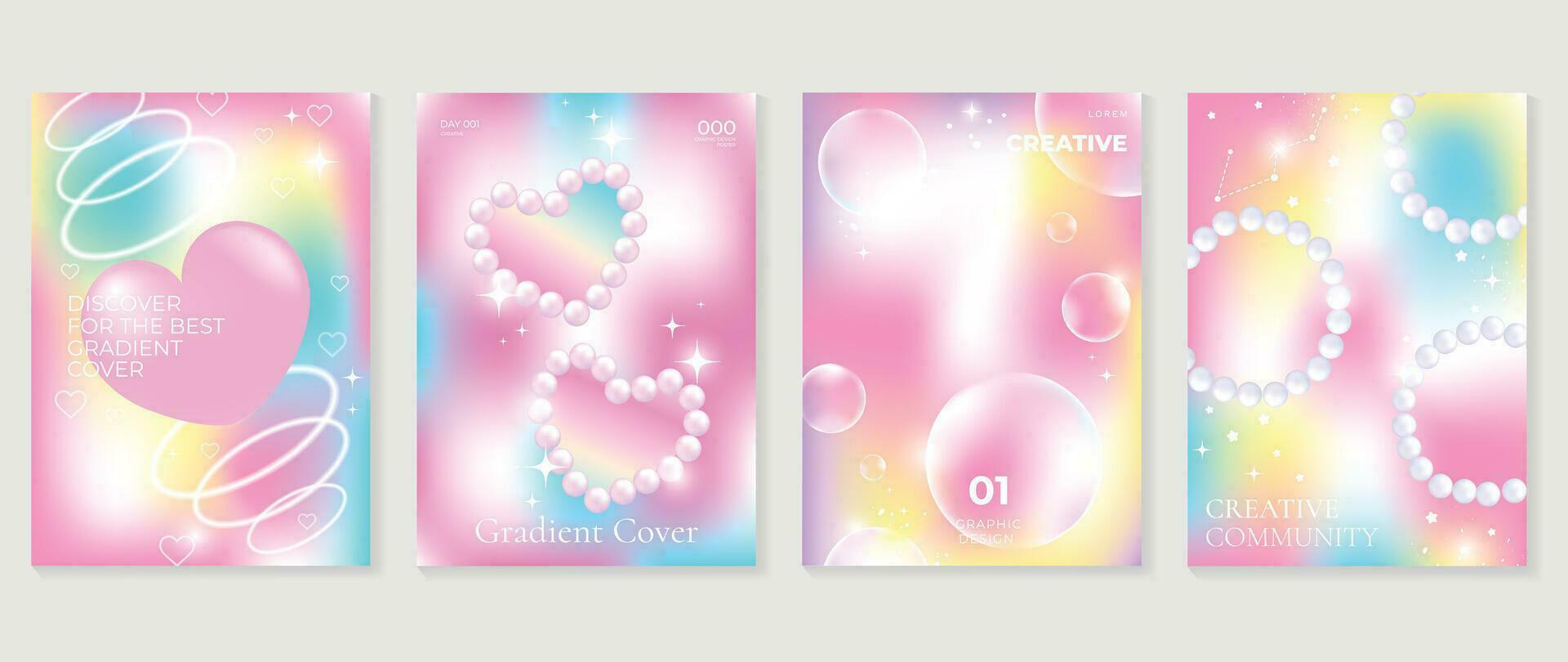 Idol lover posters set. Cute gradient holographic background vector with 3d heart, pearl heart shapes, bubble. sparkle. Y2k trendy wallpaper design for social media, cards, banner, flyer, brochure.