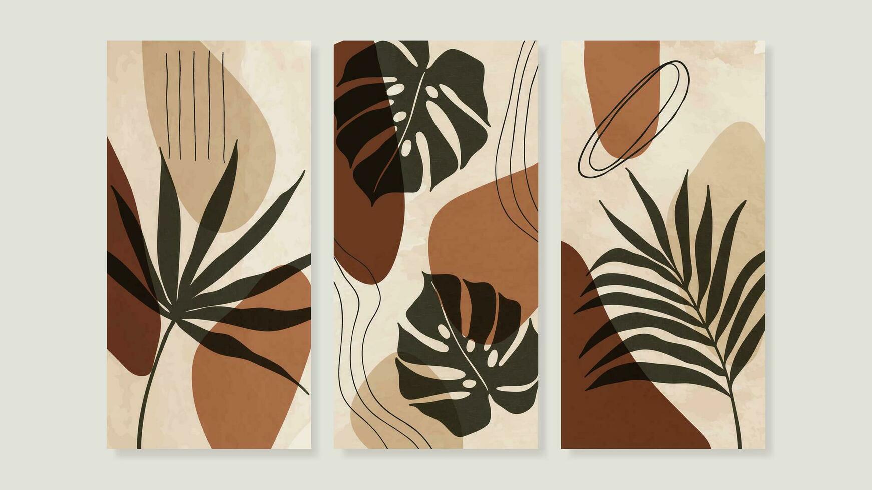 Set of abstract foliage wall art vector. Leaves, organic shapes, earth tone colors, tropical leaf in hand drawn style. Watercolor wall decoration collection design for interior, poster, cover, banner. vector