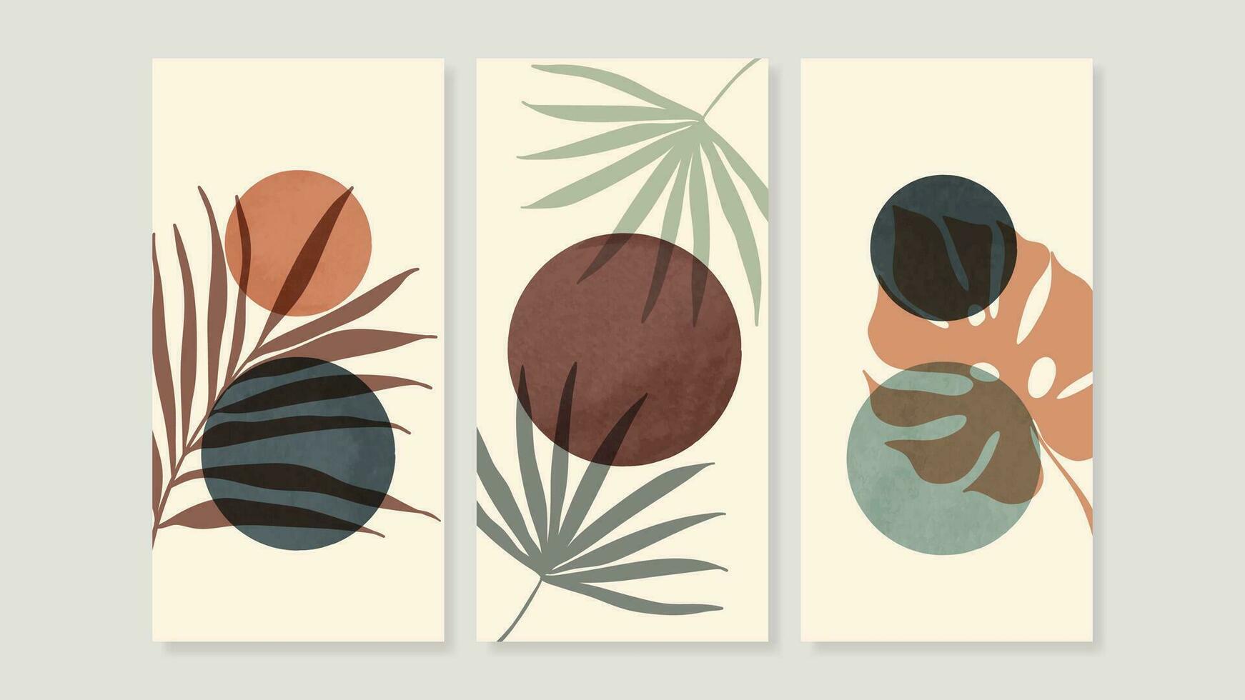 Set of abstract foliage wall art vector. Leaves, geometric shape, earth tone color, tropical leaf in hand drawn style. Watercolor wall decoration collection design for interior, poster, cover, banner. vector