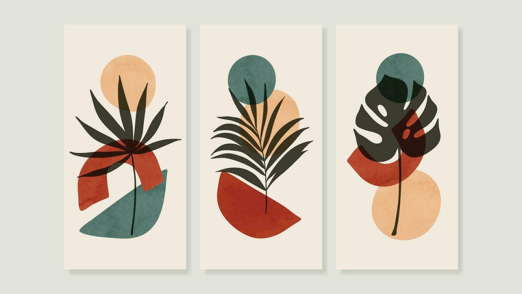 Set of abstract foliage wall art vector. Leaves, organic shapes, earth tone colors, tropical leaf in hand drawn style. Watercolor wall decoration collection design for interior, poster, cover, banner. vector