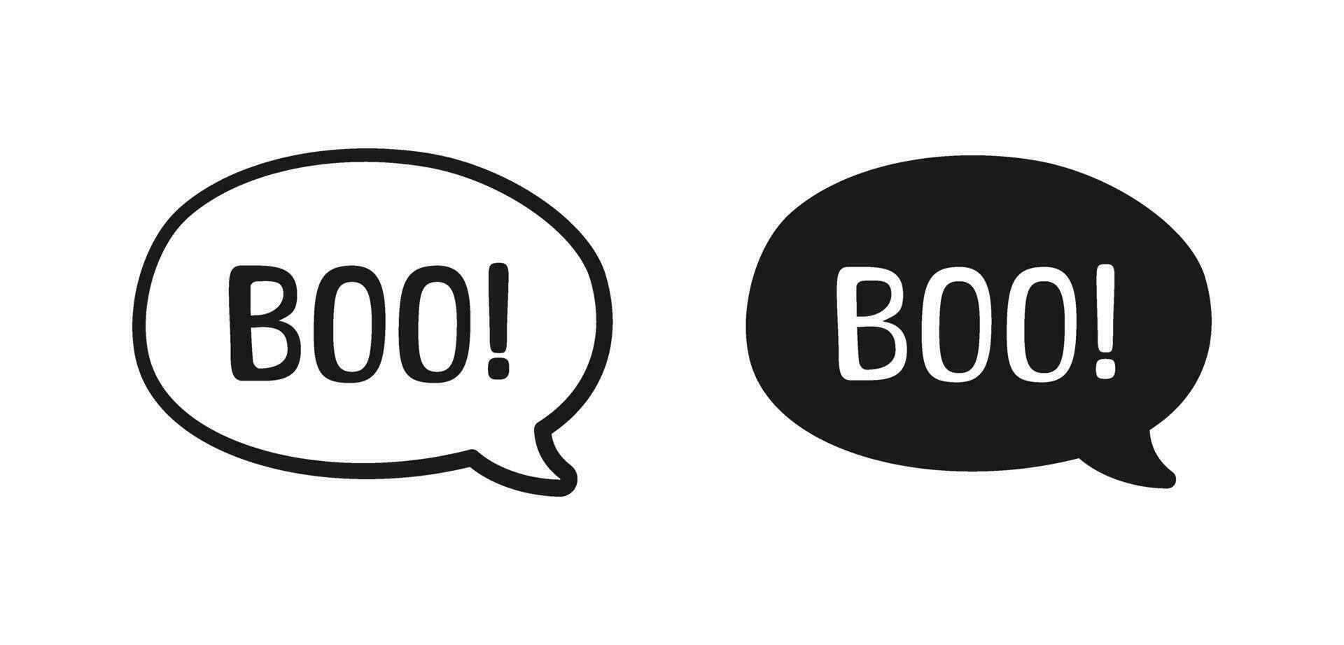 Boo text in speech bubble. Outline and Silhouette design doodle for print. Vector illustration. Happy Halloween greeting card graphics.