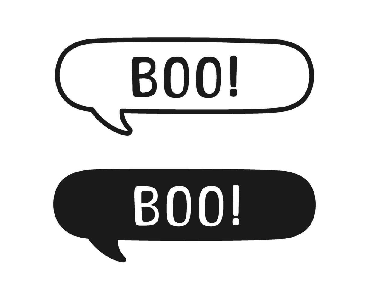 Boo text in speech bubble. Outline and Silhouette design doodle for print. Vector illustration. Happy Halloween greeting card graphics.