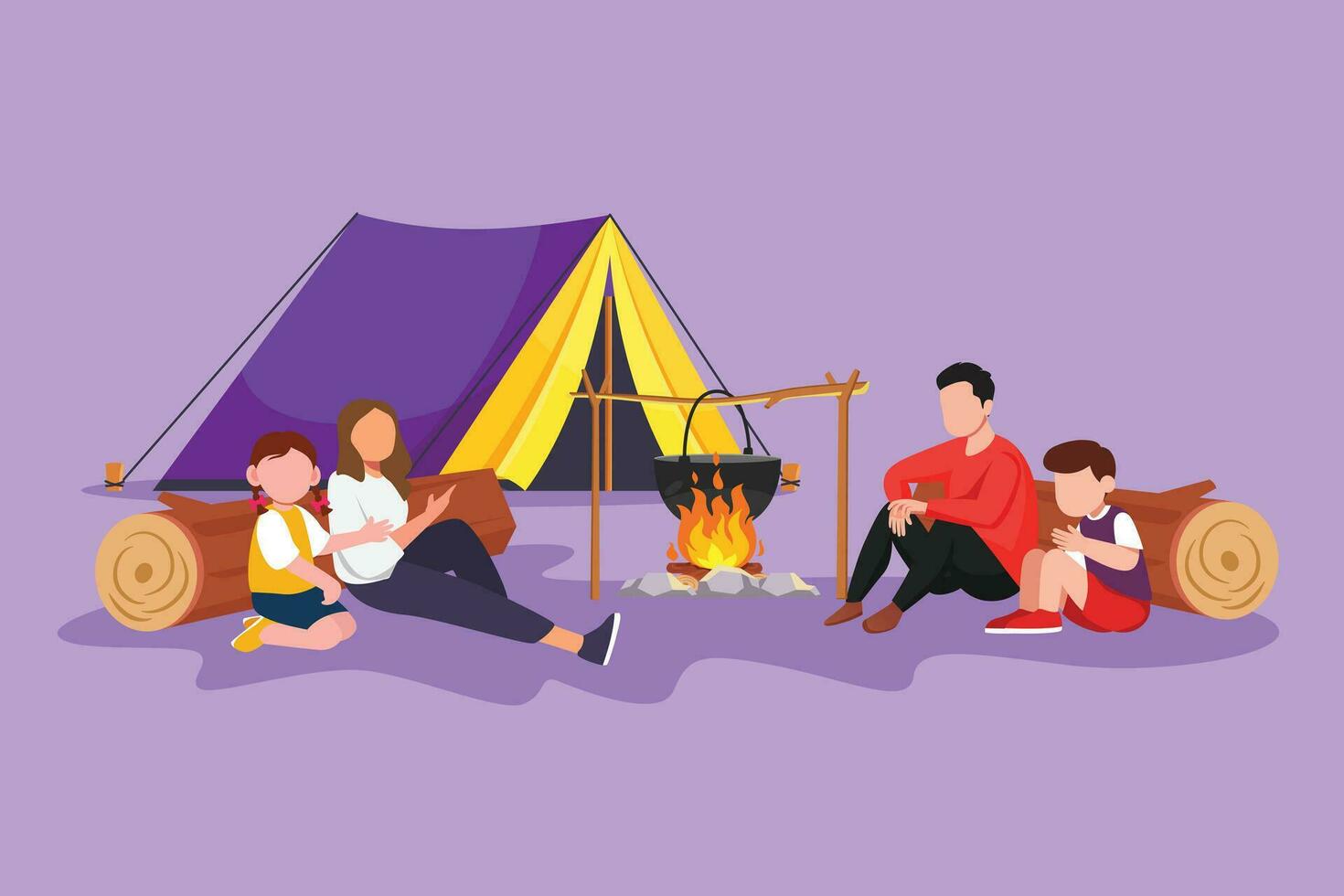 Cartoon flat style drawing happy hiking family around campfire tents boil water in pot for dinner meal. Parent and kid getting warm near bonfire and sitting on logs. Graphic design vector illustration