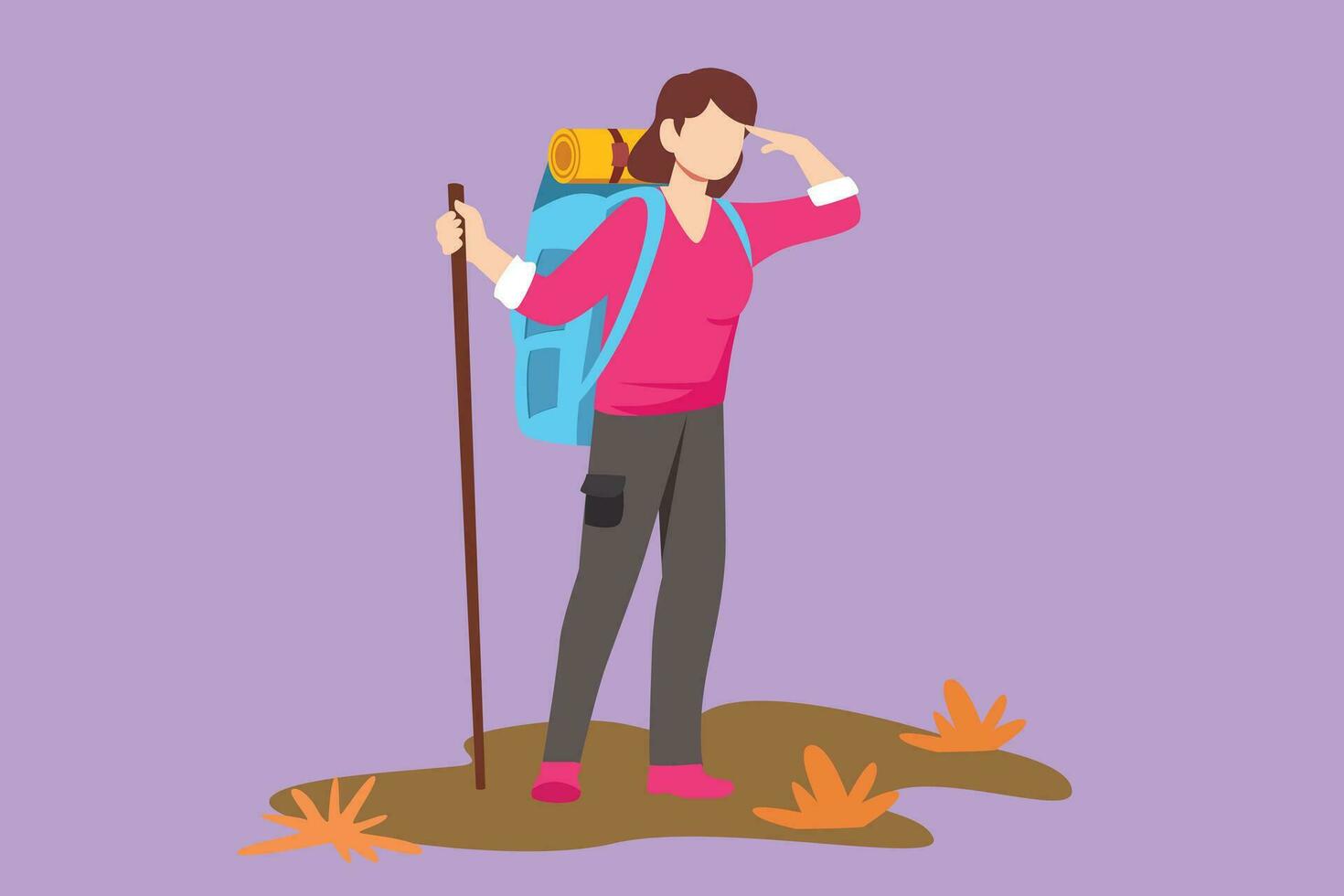 personaje plano dibujo hermosa mujer caminante a parte superior de montaña mirando dentro distancia. aventuras en montañoso terreno. senderismo, aventuras turismo, viajar, día festivo. dibujos animados diseño vector ilustración