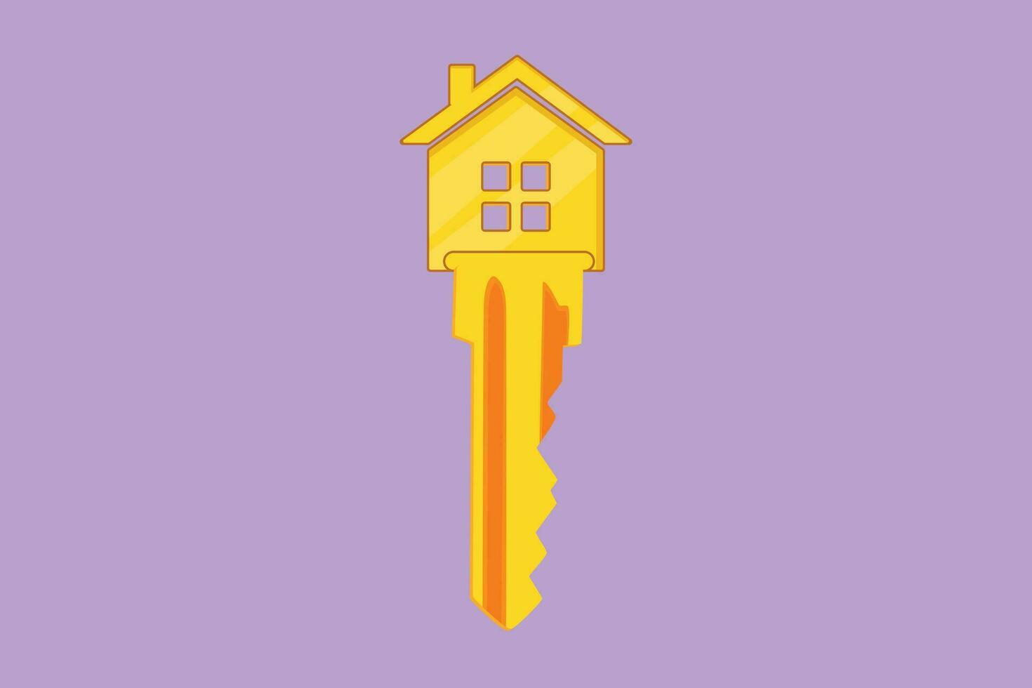 Cartoon flat style drawing yellow key and house icon shape. Elegant key house logo icon, real estate symbol template. Success, solution, opportunity, safety concept. Graphic design vector illustration