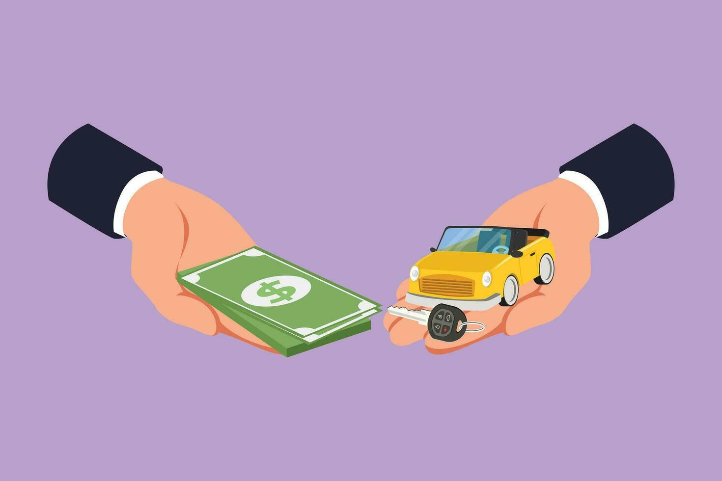 Character flat drawing of buying or renting car logo, icon, symbol. Car and money holding in hand. Hand of car salesman manager and customer holding car and money. Cartoon design vector illustration