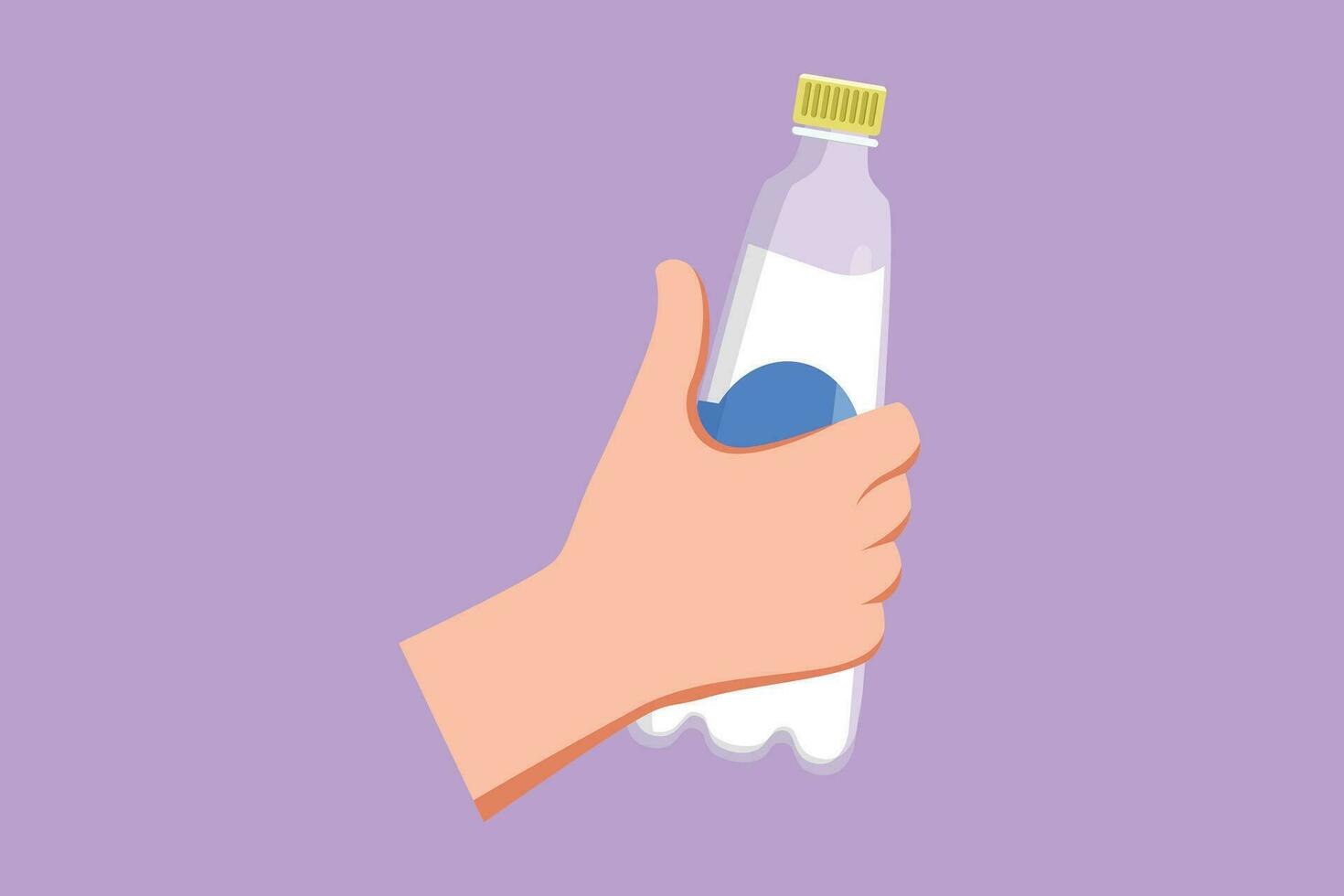 Cartoon flat style drawing man squeezes in his hand an empty plastic bottle isolated on blue background. Plastic problem and failure or disposal and recycling icon. Graphic design vector illustration