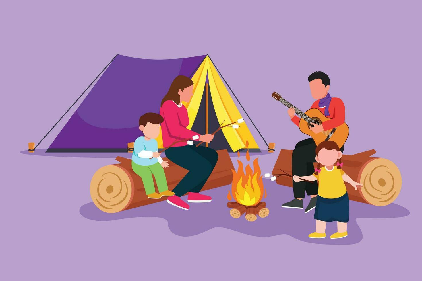 Cartoon flat style drawing of happy hiker family sit by campfire. Tourist campers. Dad playing guitar, mom and kids roast marshmallows. Night camping entertainment. Graphic design vector illustration