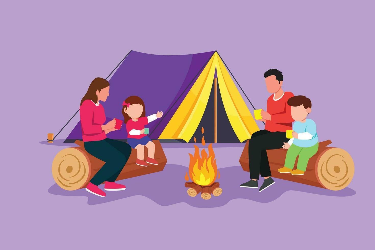 Graphic flat design drawing happy family camping with campfire and drinking hot tea or coffee. Kids sitting on logs, mom dad sitting on ground in forest. Wild nature. Cartoon style vector illustration