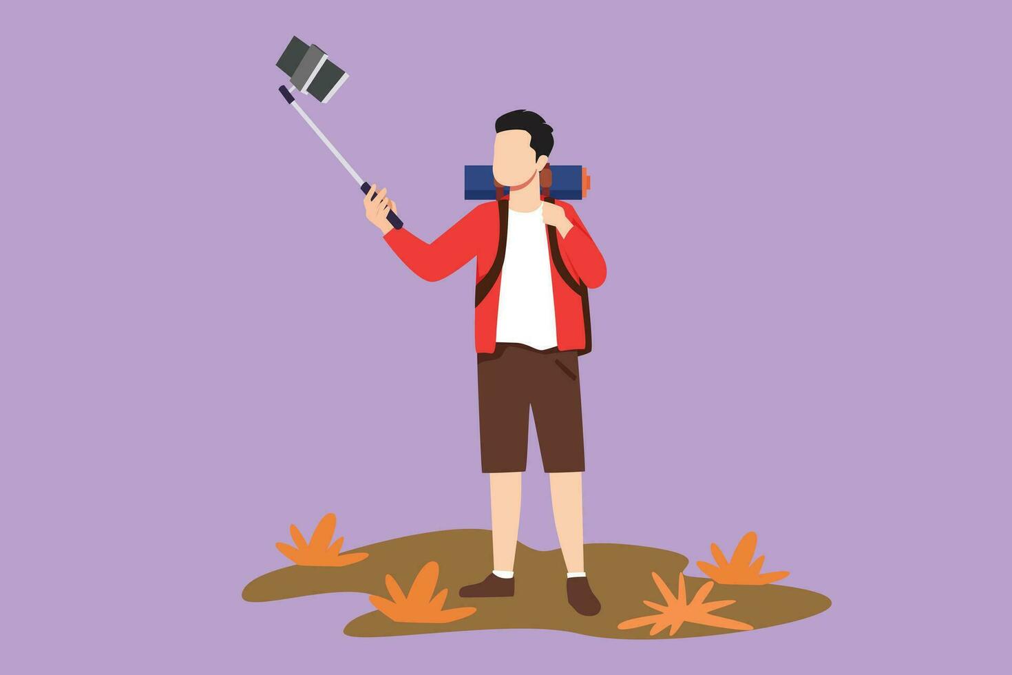 personaje plano dibujo de joven trepador hombre con selfie palo y mochila excursionismo en montaña. extremo deporte viaje naturaleza logo, alpinista en pie y haciendo autofoto dibujos animados diseño vector ilustración