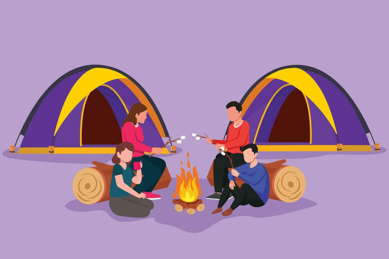 Graphic flat design drawing friends sit on logs by campfire. Young tourist, campers in forest. Students roast marshmallows. Night camping entertainment. Holiday logo. Cartoon style vector illustration