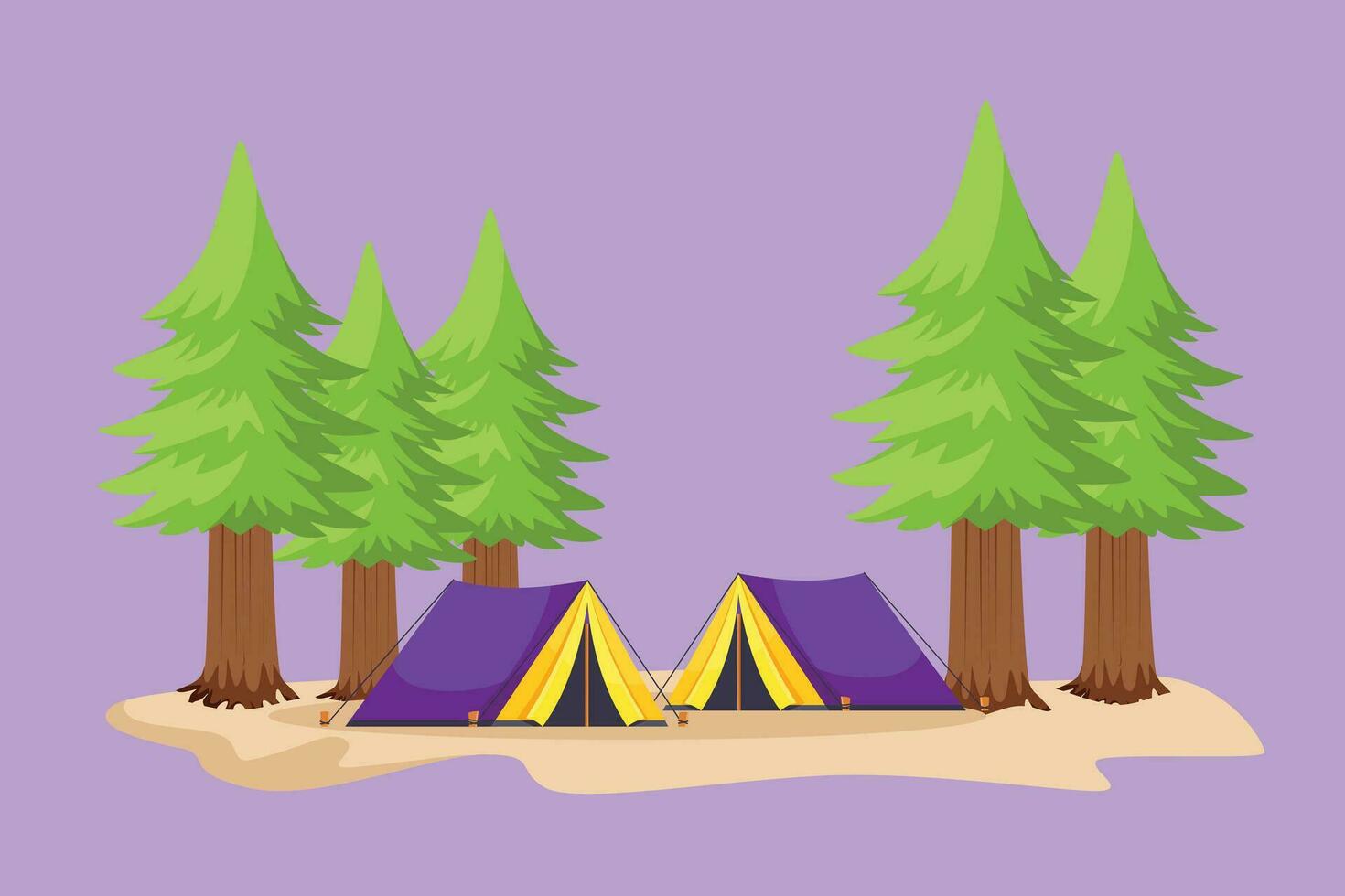 personaje plano dibujo de estilizado dos carpas cámping turista pino bosque montaña expedición. viajar, aventura, naturaleza, expedición y vacaciones concepto, logo, icono. dibujos animados diseño vector ilustración