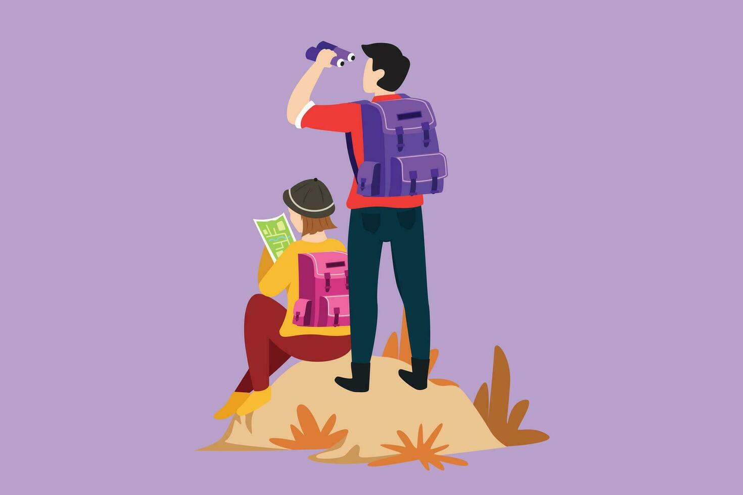 Character flat drawing back view of couple hikers man woman with backpacks, binocular, and hiking gear reading route map. Looking for direction, checking location. Cartoon design vector illustration