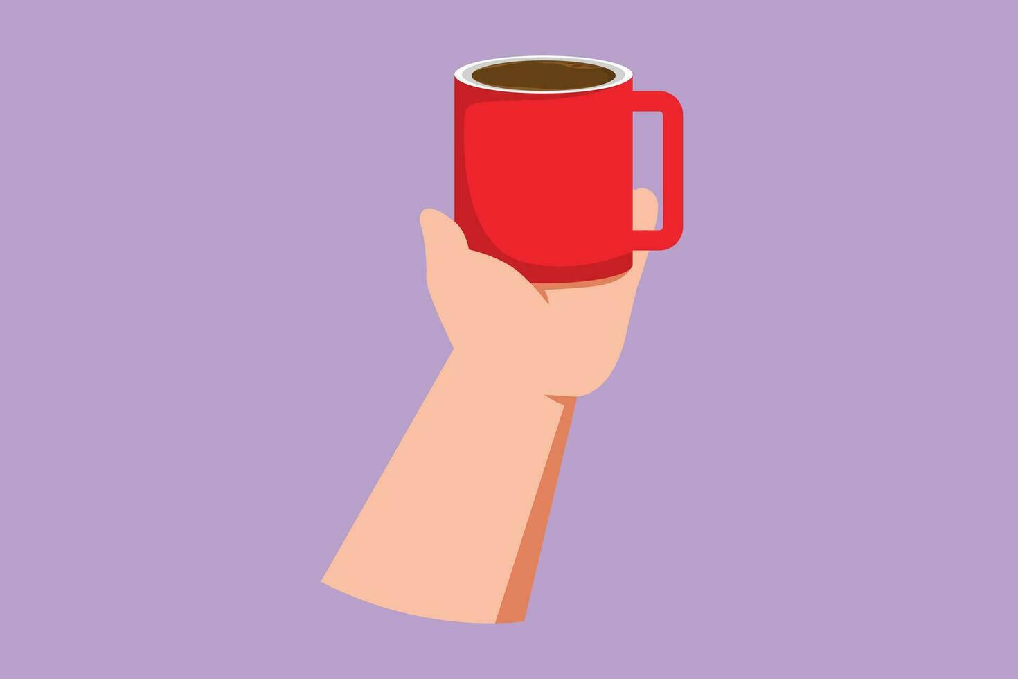 Cartoon flat style drawing of female hand holding a cup with tea or coffee. Realistic drawing of beautiful hand holding mug with hot beverage. Healthy hot tea drink. Graphic design vector illustration