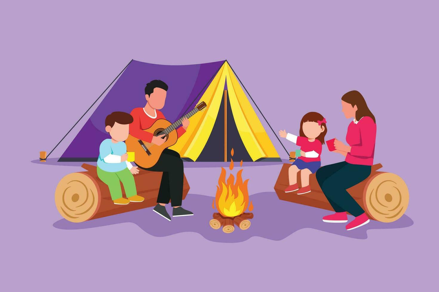 Cartoon flat style drawing cheerful family camping with bonfire at night. Drinking hot tea or coffee, sitting on log. Father playing guitar, sing song with children. Graphic design vector illustration