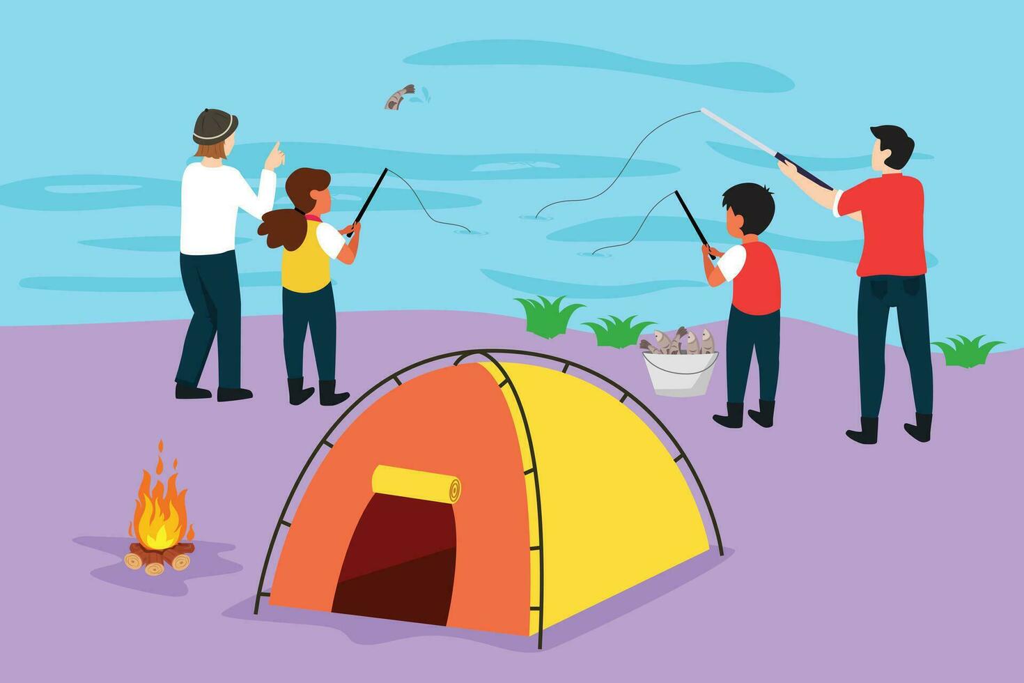 Graphic flat design drawing happy family camping. Man, woman, children, family hikers fishing with fishing rod. Summer camper vacation, holiday near river in forest. Cartoon style vector illustration