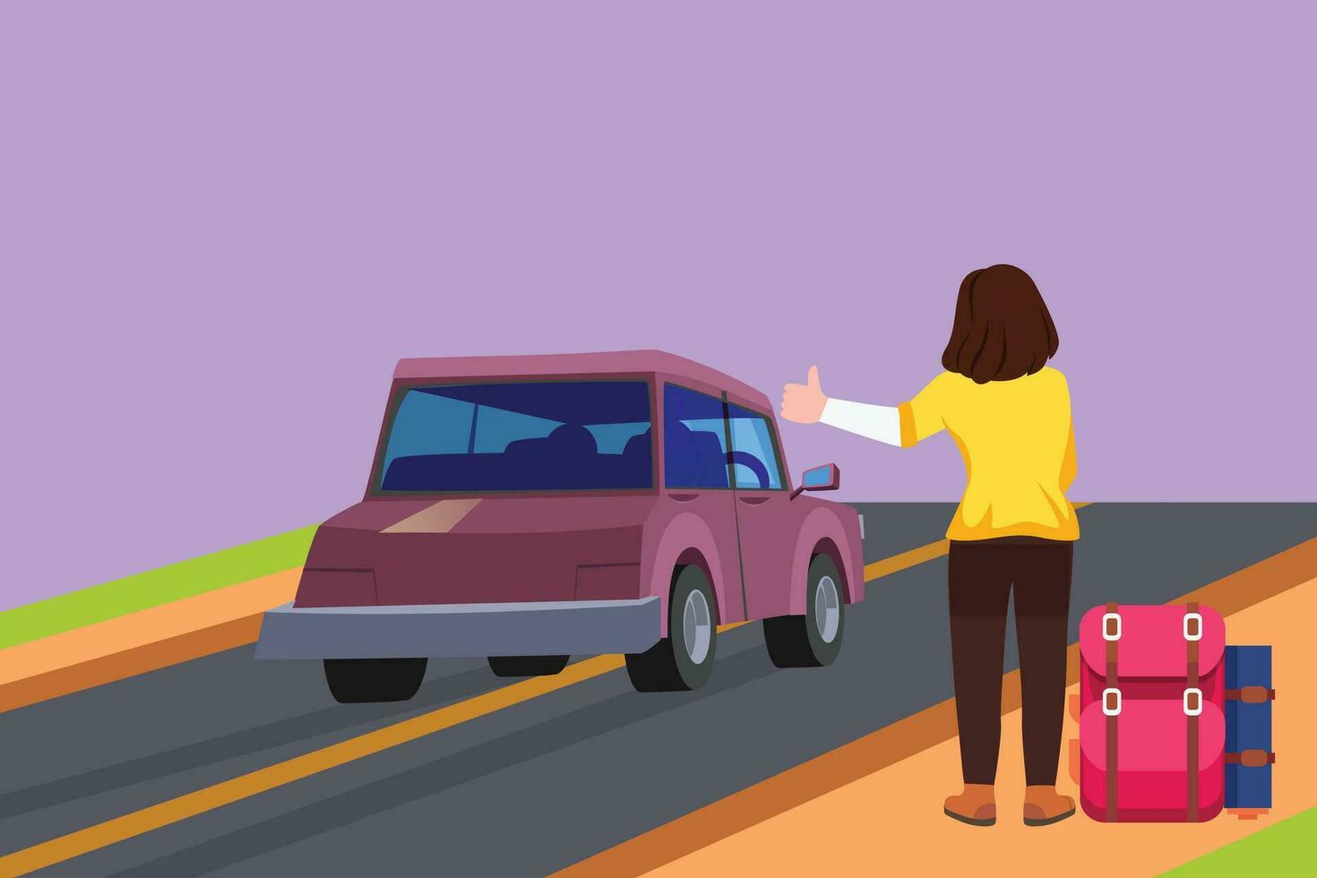 Graphic flat design drawing back view of woman with backpack traveling by auto stop. Car, thumb up, road. Vacation and trip concept for banner, icon, logo, website. Cartoon style vector illustration