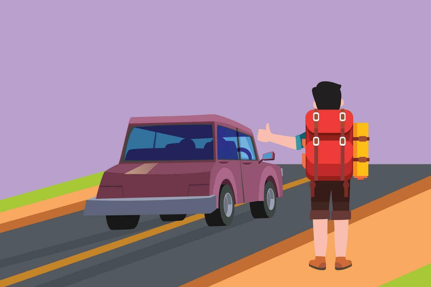 Character flat drawing back view of man with big backpack stopped ride by thumbing. Hitchhiking road travel logo icon. Vacation and trip concept for banner, website. Cartoon design vector illustration