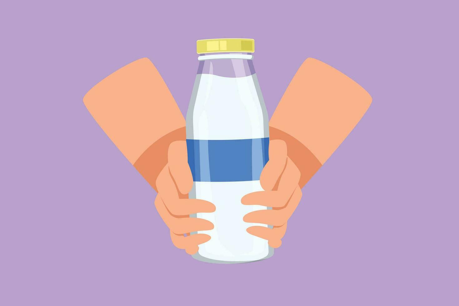 Cartoon flat style drawing hands of woman hold glass bottle of plant based lactose free milk, has healthy nutrition. Non dairy alternative beverage. Fresh milk logo. Graphic design vector illustration