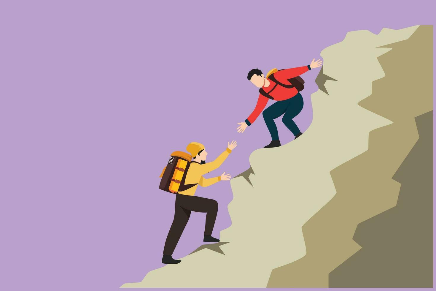 Graphic flat design drawing group of man woman help each other to climb up the mountain. Help hand, hope, support. Business, success, leadership, achievement, goal. Cartoon style vector illustration