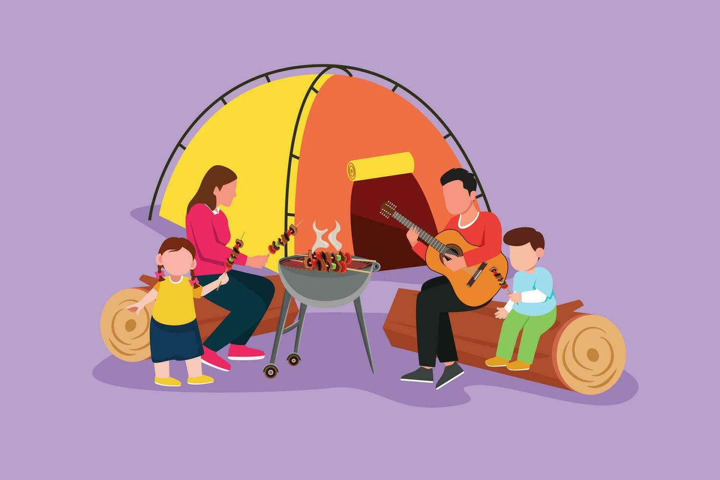 Cartoon flat style drawing of happy hiker family sit by campfire. Tourists, campers. Dad playing guitar, mom and kids fry meat barbecue. Night camping entertainment. Graphic design vector illustration