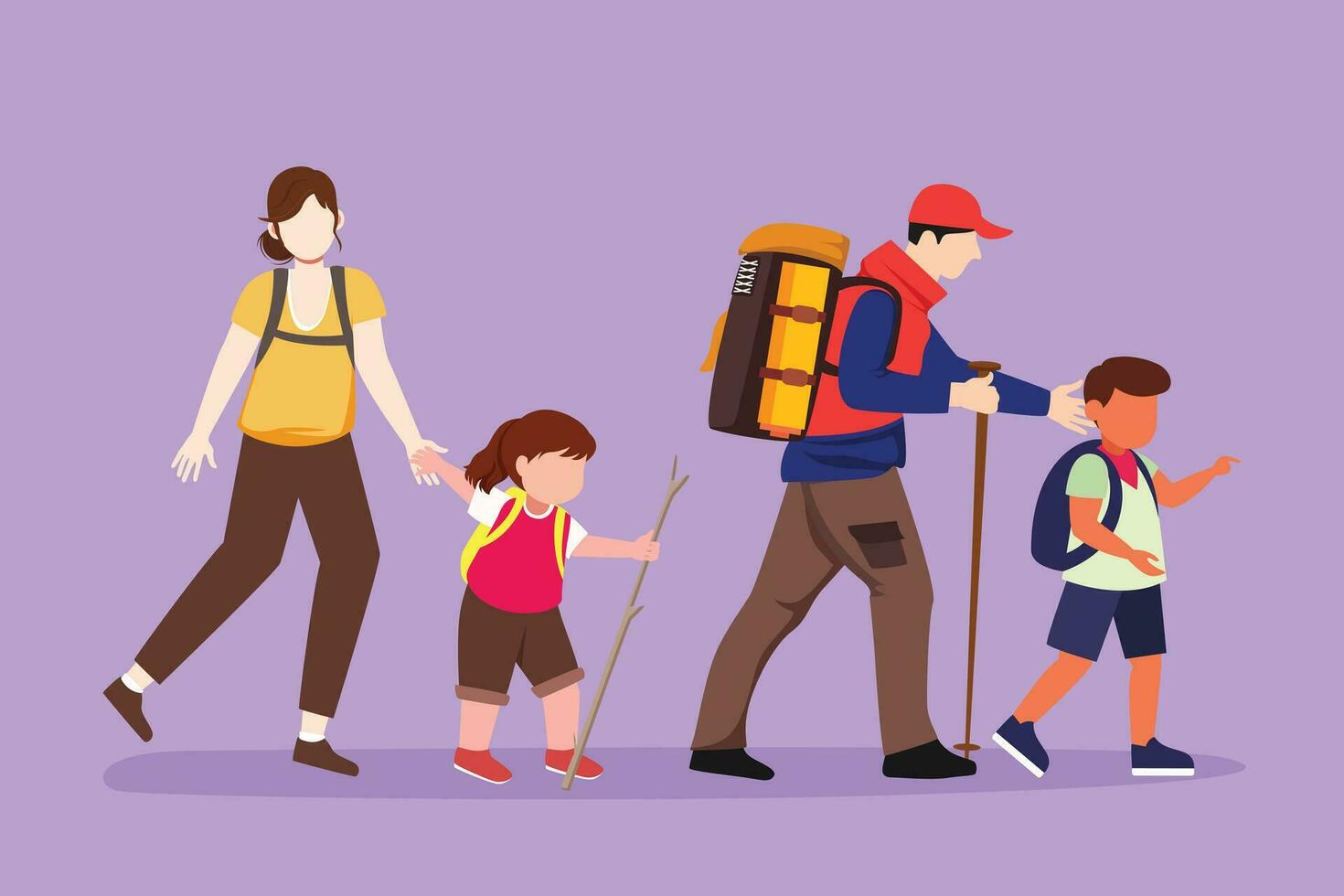 Graphic flat design drawing happy family traveling together in mountains. Father, mother and children hiking, trekking, holiday and camping with backpack at nature. Cartoon style vector illustration