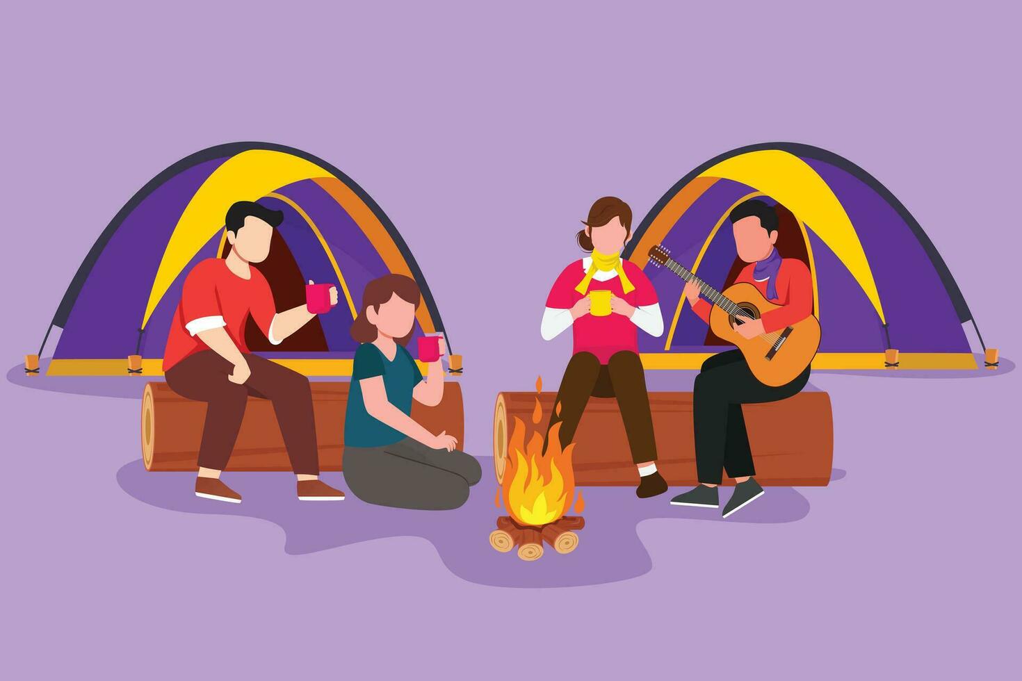 Character flat drawing two couple hikers sitting on log of wood near campfire in forest. People drinking hot tea and man playing guitar. Camping gear and backpack. Cartoon design vector illustration