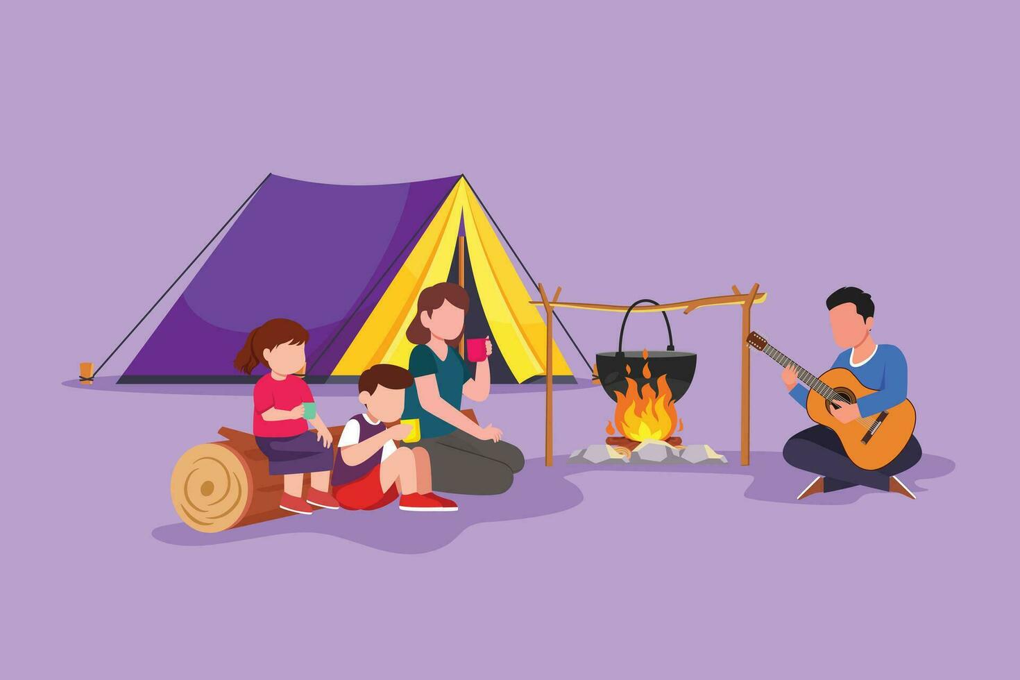 Cartoon flat style drawing happy family camping with campfire and boil water in pot. Drinking hot tea. Kid sit on log. Dad playing guitar and sit on ground with mom. Graphic design vector illustration