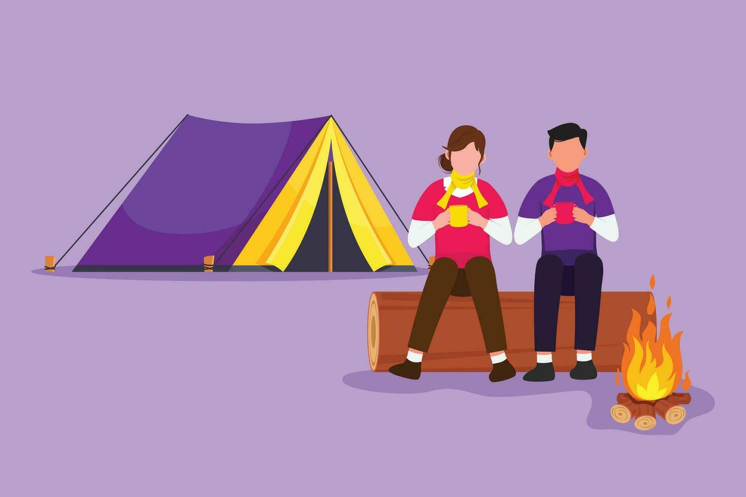 Cartoon flat style drawing romantic couple hikers sitting on log of wood near campfire in forest. Man and woman drinking hot tea, coffee, camping gear and backpack. Graphic design vector illustration