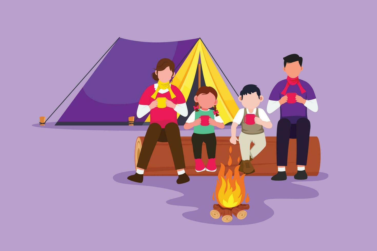 Character flat drawing active hiker family camping with campfire. Drinking hot tea or coffee and sitting on logs in forest. Mom, dad, son and daughter. Family time. Cartoon design vector illustration