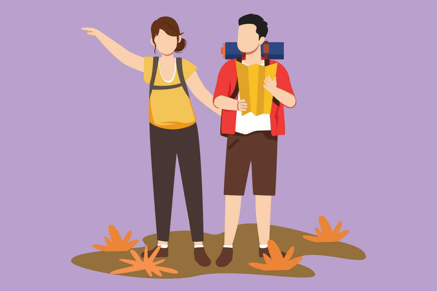Character flat drawing hiking hikers couple man and woman with backpacks and map in mountains. Travelers backpacking or trekking romantic trip adventure icon, logo. Cartoon design vector illustration