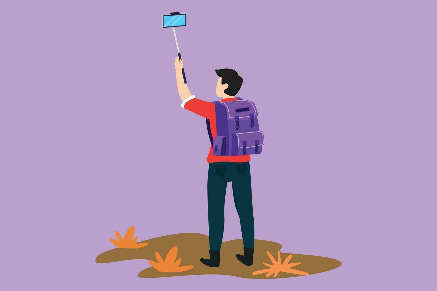 Graphic flat design drawing back view of young man traveler with backpack hiking in mountain while recording video using his smartphone. Travel blogger logo, symbol. Cartoon style vector illustration